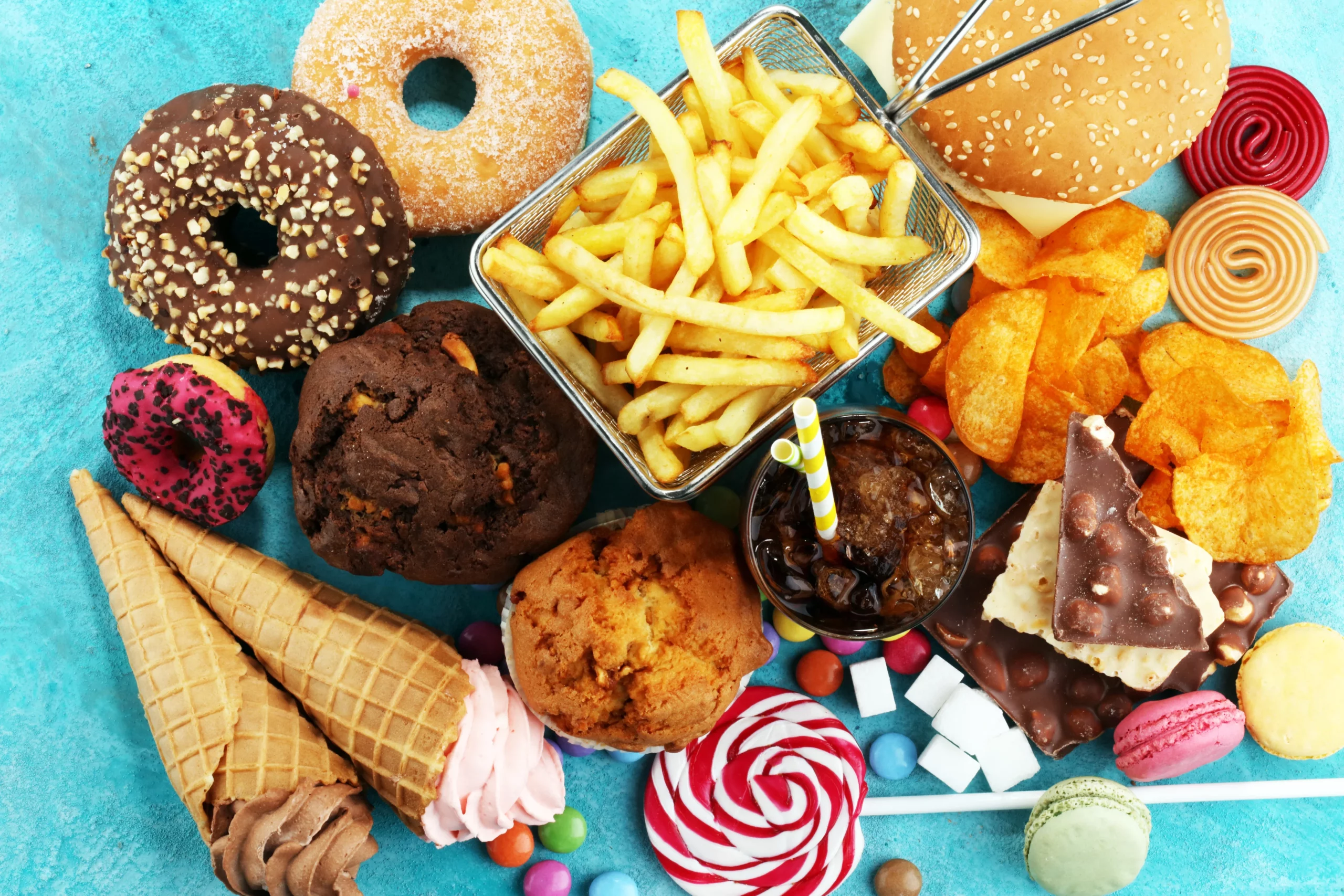 Unhea;thy food, snacks, choloate, etc